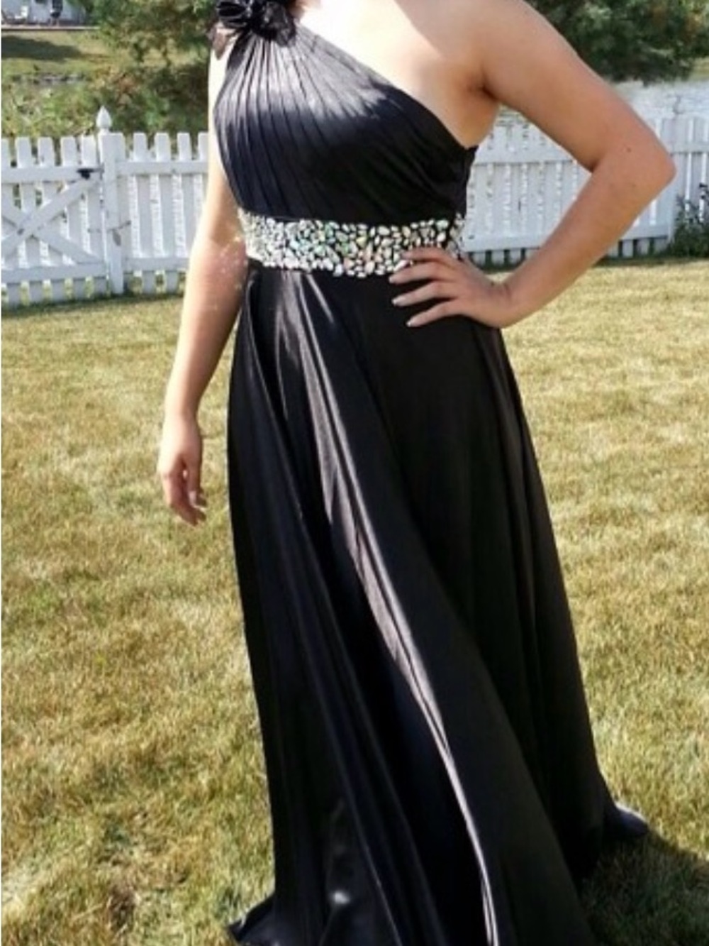 Splash One-Shoulder Black Gown with Jeweled Waist